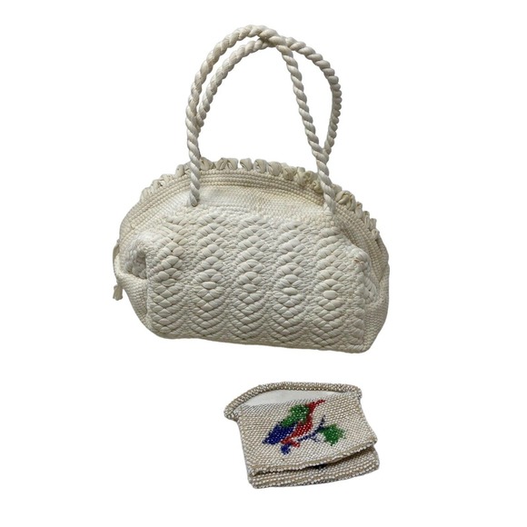 Vintage 50s Macrame Boho Mini Satchel + Beaded Hummingbird Coin Purse - Picture 1 of 12